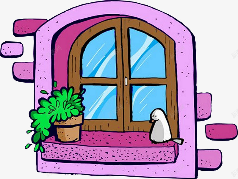 紫色卡通窗户png免抠素材_新图网 https://ixintu.com 卡通窗户 小草 小鸟 植物 漂亮窗户 盆栽 紫色窗户