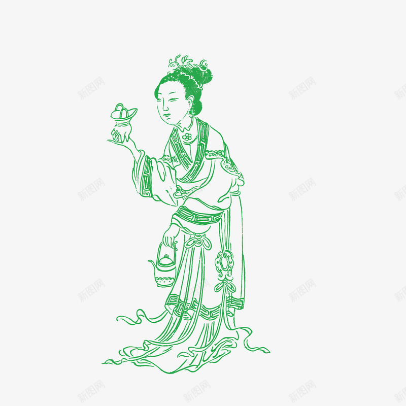 古代上茶点的女子png免抠素材_新图网 https://ixintu.com 中国风 古代 古代小人 女子 提着茶壶 站立的 端着糕点 简笔画 绿色
