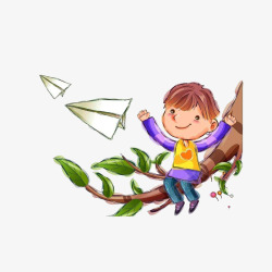 坐在树干上放纸飞机的男孩素材