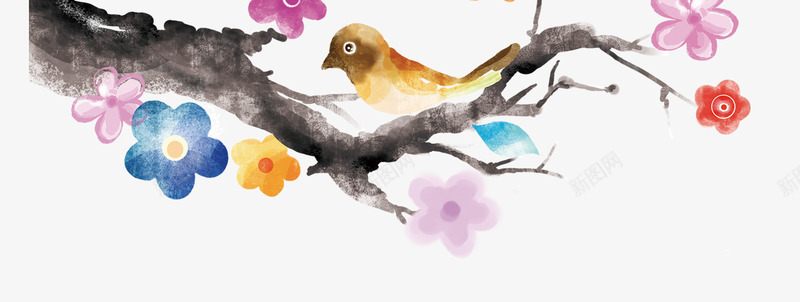 彩绘树枝上的小鸟png免抠素材_新图网 https://ixintu.com 初春 春节 腊月