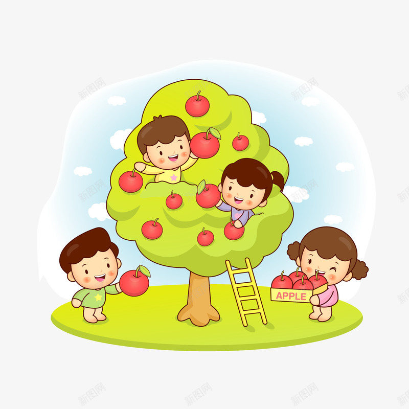 卡通儿童png免抠素材_新图网 https://ixintu.com 儿童 卡通儿童 卡通儿童插画 可爱 开心 快乐 摘苹果 树 梯子