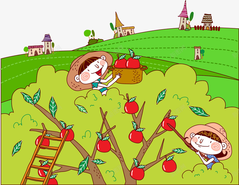 一起摘苹果png免抠素材_新图网 https://ixintu.com 乡村 插画 摘水果 矢量儿童