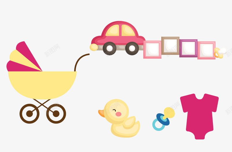 卡通婴儿用品png免抠素材_新图网 https://ixintu.com 奶嘴 奶瓶 婴儿车 安抚奶嘴 宝宝 小汽车 小玩具 小衣服 幼儿玩具