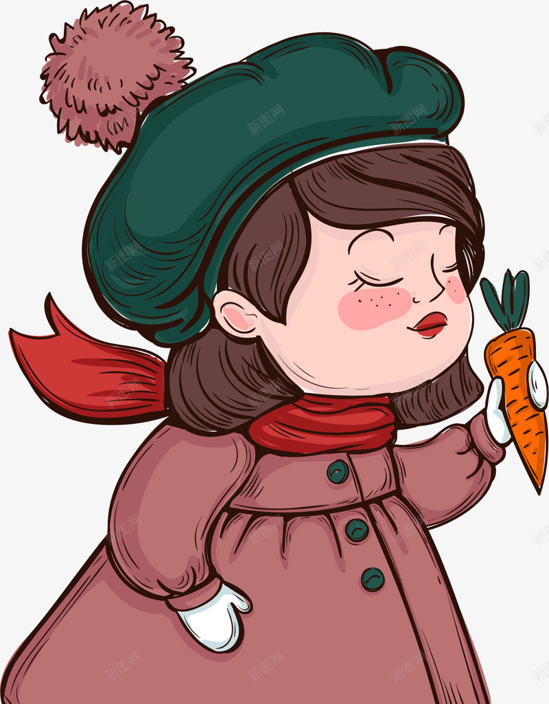 冬季拿着萝卜的女孩png免抠素材_新图网 https://ixintu.com 冬季女孩 可爱小女孩 拿着萝卜的女孩 文艺风 绿色帽子 黄色萝卜