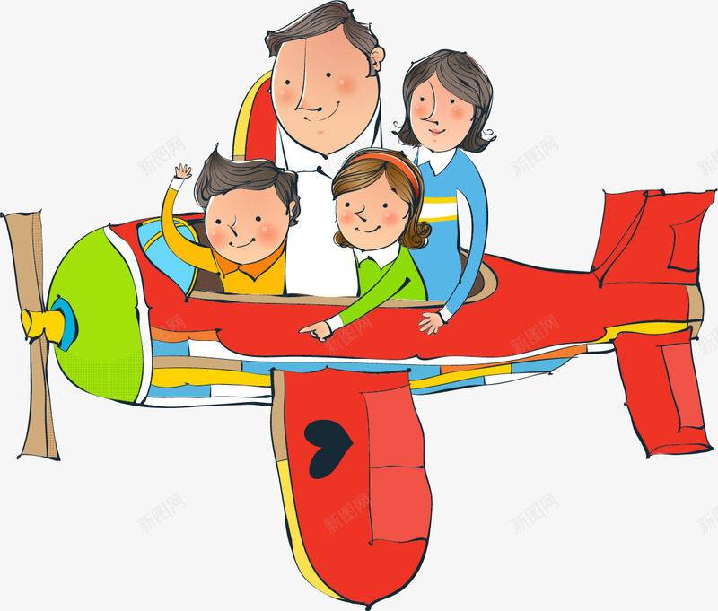 手绘飞机上的一家人png免抠素材_新图网 https://ixintu.com 一家人 卡通 手绘 飞机