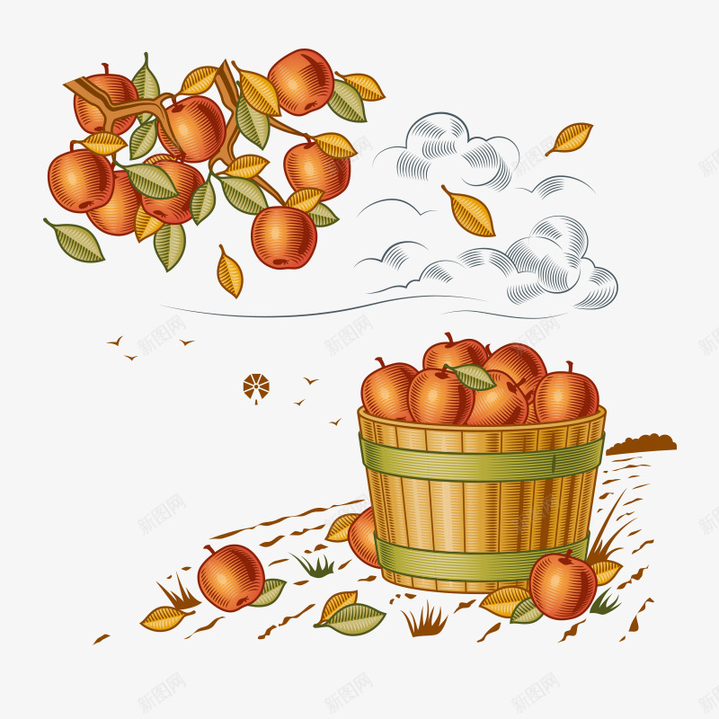 丰收插画png免抠素材_新图网 https://ixintu.com 丰收 农村 插画 木桶 水果 粮食 苹果 食物