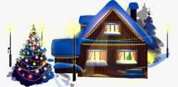 卡通黑蓝色冬季房屋和圣诞树素材