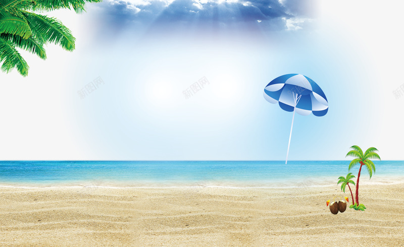 夏季海边png免抠素材_新图网 https://ixintu.com 椰子壳 椰子树 沙滩 遮阳伞