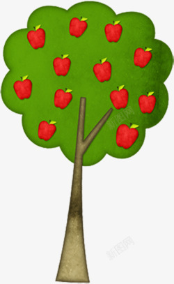 手绘卡通绿色红苹果树素材