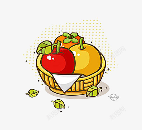 一篮子水果png免抠素材_新图网 https://ixintu.com 卡通 手绘 柿子 橘色 水果 篮子 红色 苹果 黄色