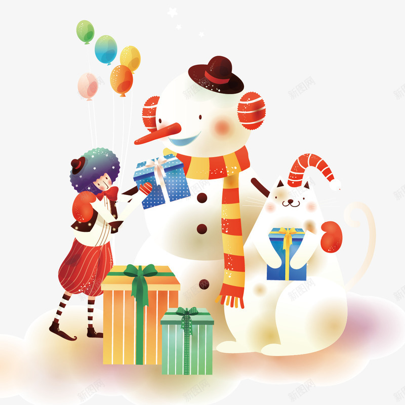 卡通小人和雪人图案png免抠素材_新图网 https://ixintu.com 冬季 围巾 帽子 气球 礼物 雪人