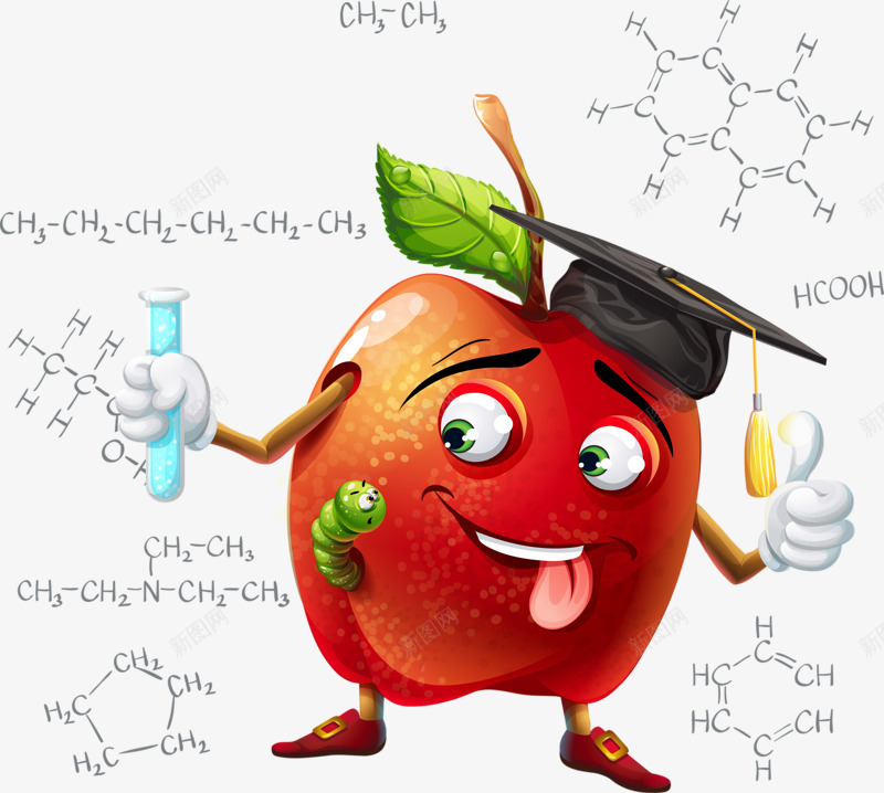 苹果化学实验png免抠素材_新图网 https://ixintu.com 化学公式 实验 手绘 红色 苹果 试管