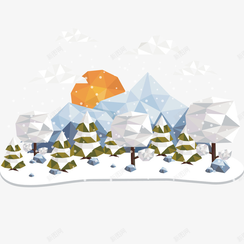 冬季多边形风格景观png免抠素材_新图网 https://ixintu.com 冬季 几何 多边形 树木 风景