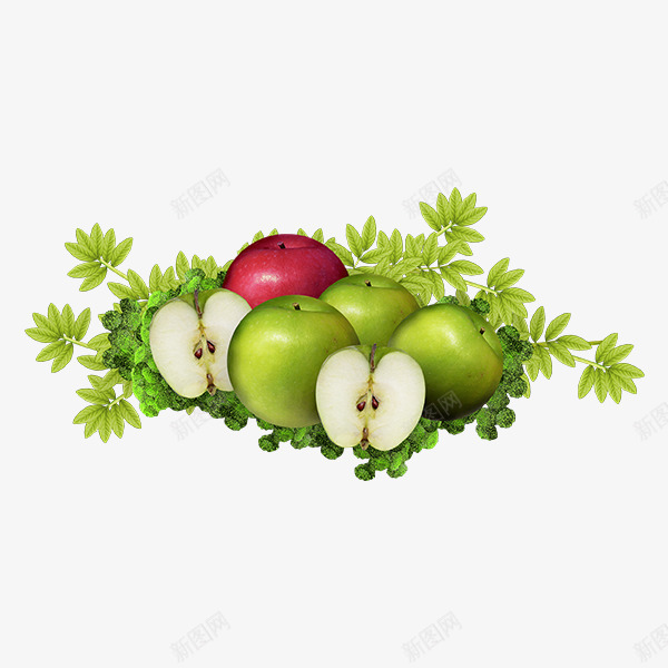 绿色苹果png免抠素材_新图网 https://ixintu.com 一堆苹果 树叶 水果 红色 绿色 绿色叶子 苹果
