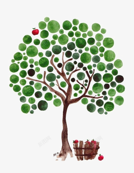 树png免抠素材_新图网 https://ixintu.com 卡通 圆形叶片 大树 手绘 红苹果