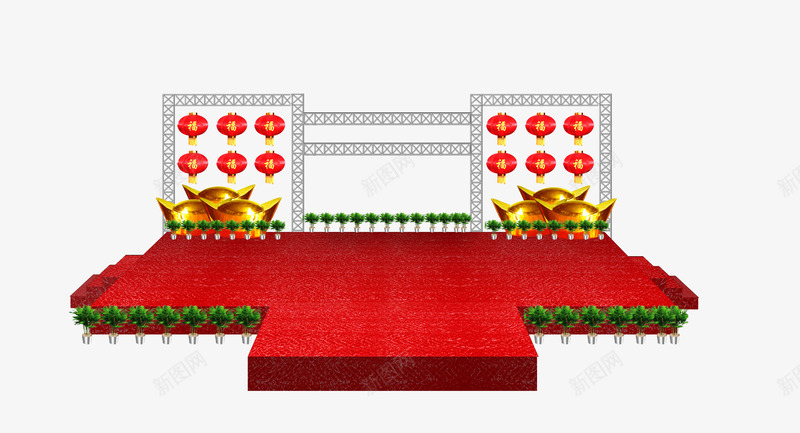 灯笼元宝装饰舞台psd免抠素材_新图网 https://ixintu.com 太空架 红灯笼 舞台 舞台架 金元宝