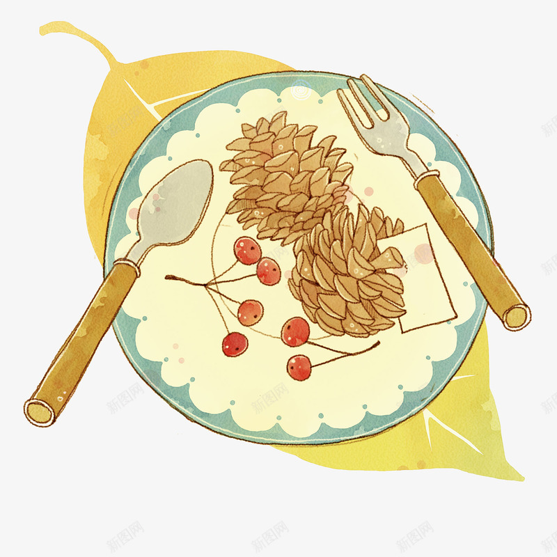 盘子和水果png免抠素材_新图网 https://ixintu.com 创意的 勺子 卡通 叉子 手绘 树叶 樱桃 盘子