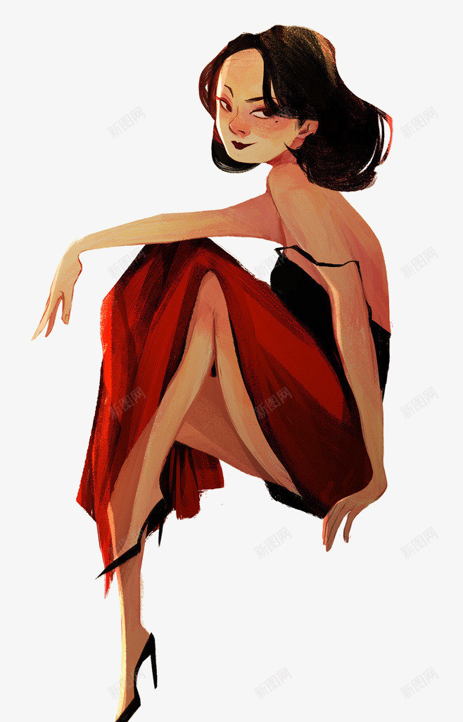 卡通人物png免抠素材_新图网 https://ixintu.com 卡通 吊带裙 女性 性感 红裙子