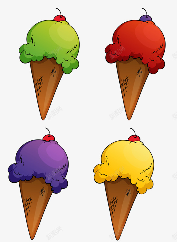 卡通多口味冰欺凌png免抠素材_新图网 https://ixintu.com 抹茶味冰淇淋 樱桃味冰淇淋 香芋味冰淇淋 香蕉味冰淇淋