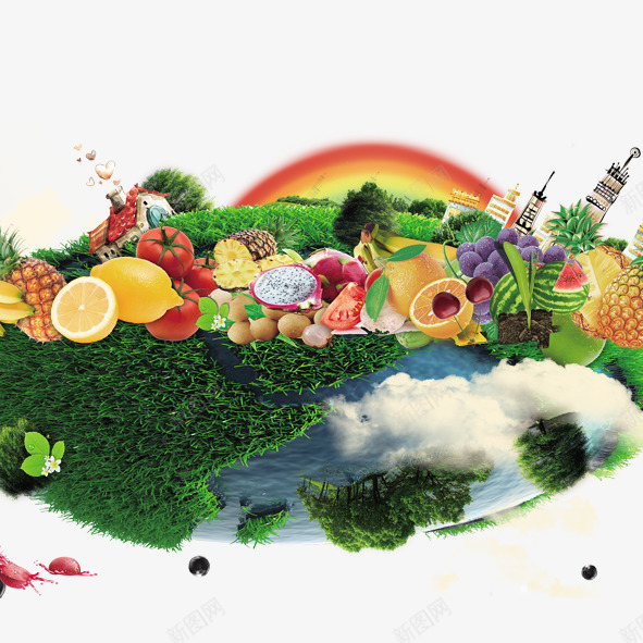 水果创意psd免抠素材_新图网 https://ixintu.com 水果创意地球创意球体水果菠萝火龙果香蕉橙子葡萄荔枝柠檬