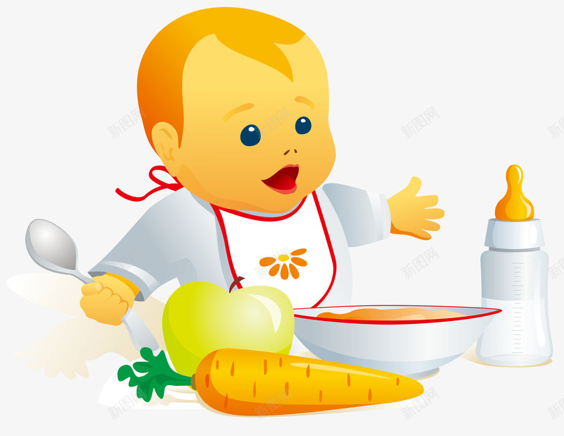 用餐的婴儿png免抠素材_新图网 https://ixintu.com BB eps格式 儿童 勺子 奶瓶 婴儿 用餐的婴儿矢量 碗 红萝卜 苹果 食物