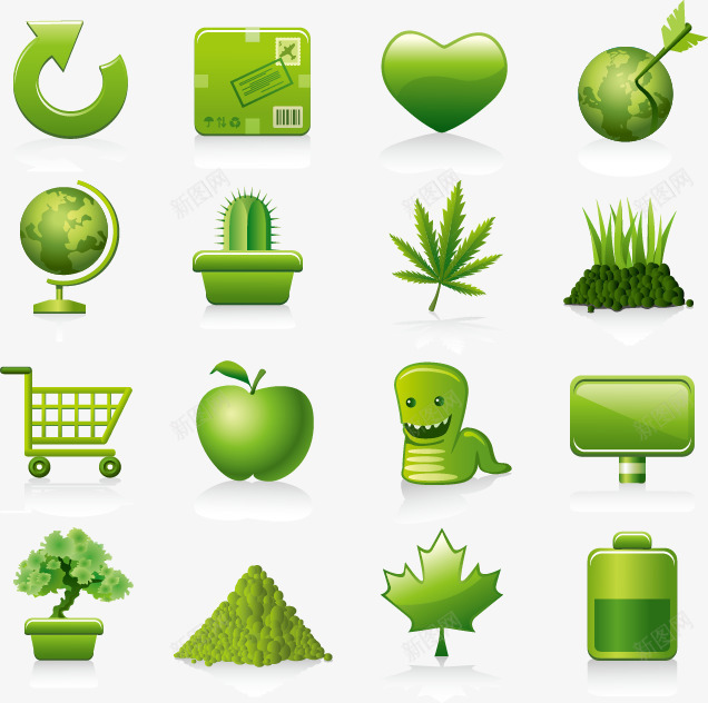 绿色环保标图标png_新图网 https://ixintu.com 地球仪 树叶 环保图标 矢量图标 绿色 苹果 购物车