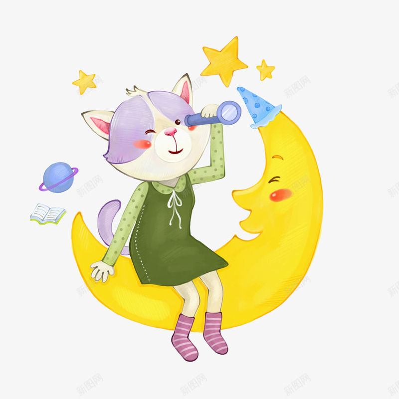 月亮上的小猫png免抠素材_新图网 https://ixintu.com 人物望远镜 卡通 可爱的 地球 手绘 月亮 望远镜 黄色的