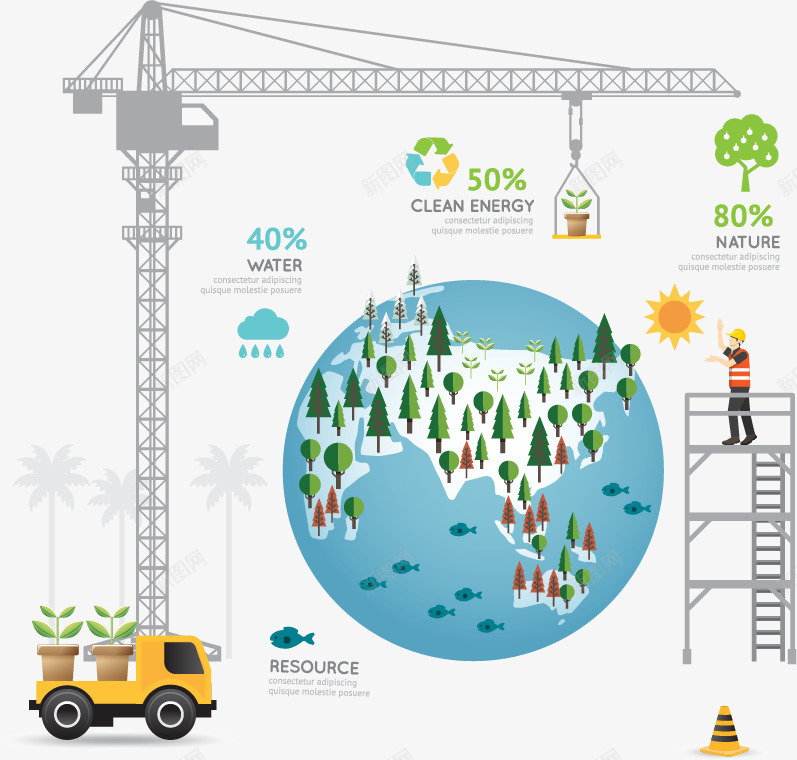 绿色环保扁平矢量图eps免抠素材_新图网 https://ixintu.com 地球 扁平 施工 树 环保 绿叶 绿色 矢量图
