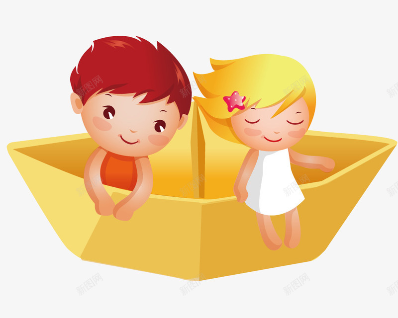 黄金纸船的男孩女孩png免抠素材_新图网 https://ixintu.com 女孩 男孩 纸船 黄金