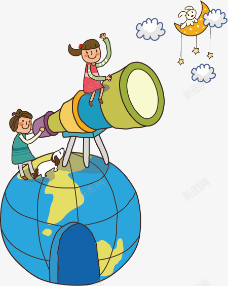 童年的梦想png免抠素材_新图网 https://ixintu.com 人物望远镜 地球 天文望远镜 女孩子 月亮 男孩子
