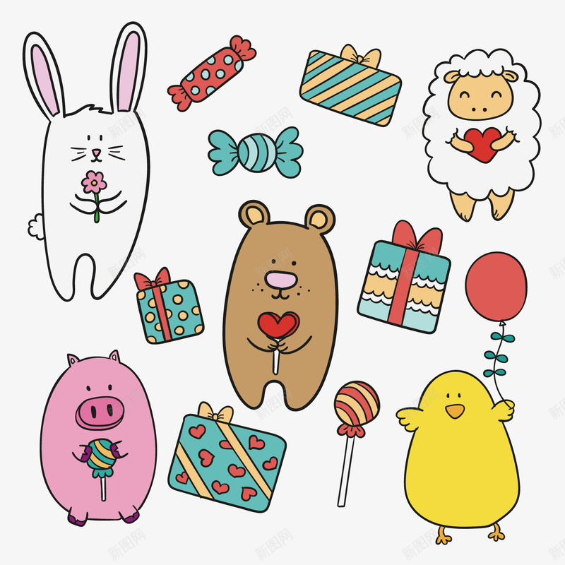 卡通动物和礼物png免抠素材_新图网 https://ixintu.com 动物 礼物 糖果 贴纸