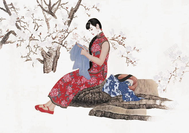 中国国画png免抠素材_新图网 https://ixintu.com 墨迹 工笔画 彩墨 织布 缝衣服