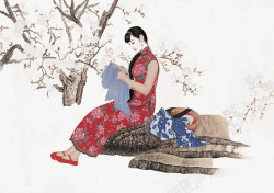 缝衣服中国国画高清图片