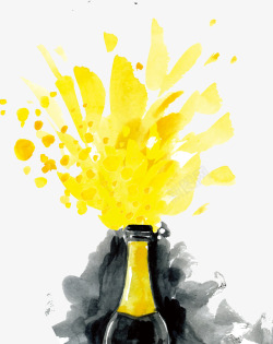 彩绘瓶子喷出来的啤酒花水墨画高清图片
