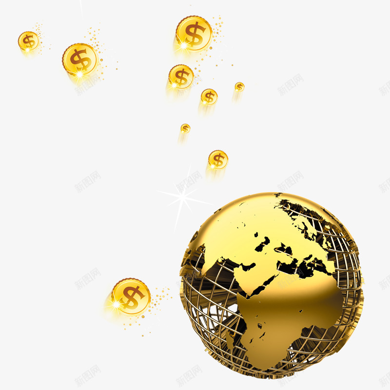 金色地球png免抠素材_新图网 https://ixintu.com 免费png图片 全球 地图 财富 金币