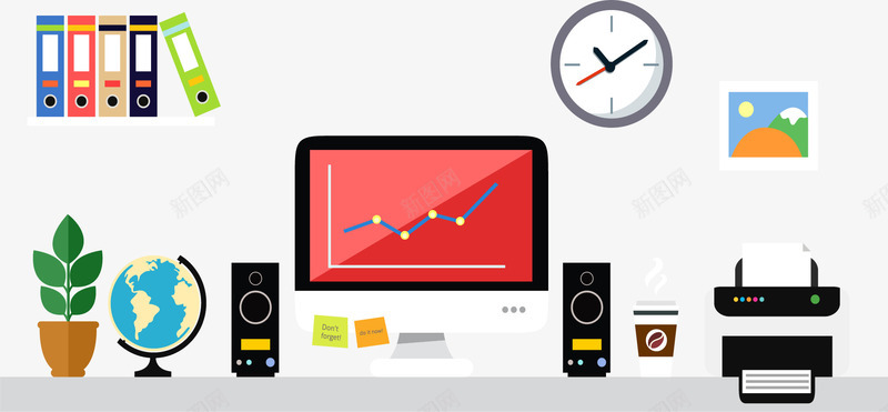 简约办公桌装饰矢量图eps免抠素材_新图网 https://ixintu.com 书架 办公桌 台式电脑 地球仪 折线图 整洁 盆栽 矢量素材 简约 矢量图