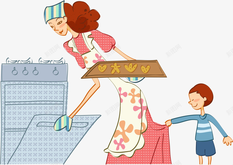 时尚妈妈跟小孩在厨房烤饼矢量图ai免抠素材_新图网 https://ixintu.com 厨房 可爱 女性 妇女 小孩 烤箱 烹饪 男孩 矢量图
