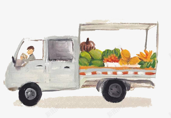 蔬菜货车png免抠素材_新图网 https://ixintu.com 司机 手绘 水果 简图 粉色 蔬菜 车厢 车轮 黄色