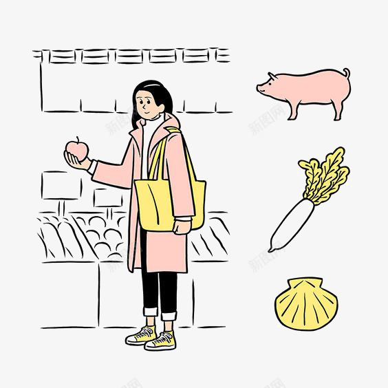 超市png免抠素材_新图网 https://ixintu.com 女生 扇贝 猪肉 生鲜区 蔬菜 购物 逛超市