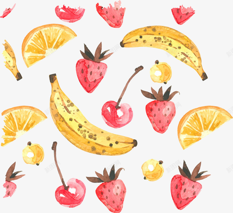 手绘水果背景png免抠素材_新图网 https://ixintu.com 手绘 樱桃 水彩 水果 背景 草莓 香蕉