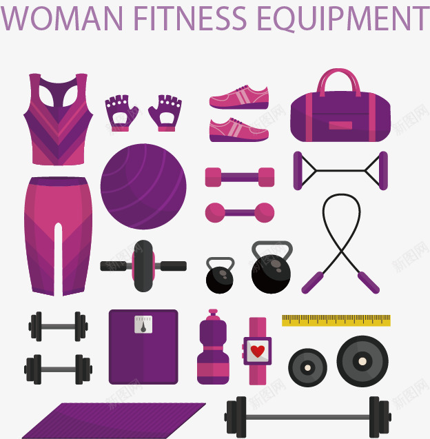 女性健身装备和健身器材卡通图标矢量图ai_新图网 https://ixintu.com 健身器材 健身球 健身衣 健身装备 女性 尺子 手套 鞋子 矢量图