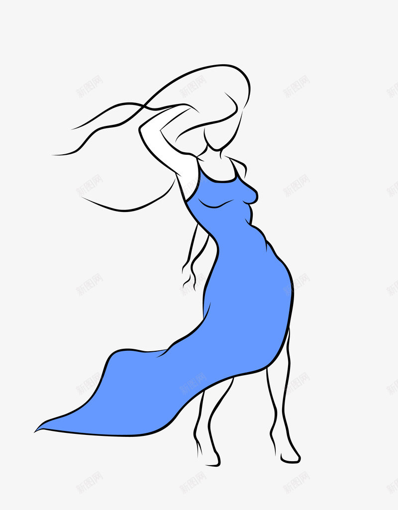 时尚女性线稿png免抠素材_新图网 https://ixintu.com 卡通手绘 女性 时尚 线稿 蓝色裙子