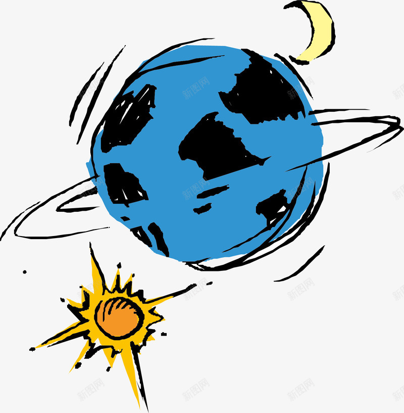 太阳地球和月亮png免抠素材_新图网 https://ixintu.com 地球 太阳 手绘 插画 月亮 涂鸦