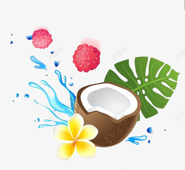 卡通椰子花朵装饰图案png免抠素材_新图网 https://ixintu.com 卡通水果 叶子 喷溅的水 椰子 鲜花
