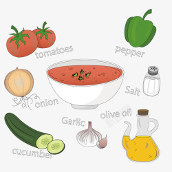 彩绘西班牙蔬菜冷汤食谱矢量图素材