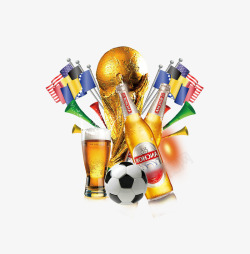 奖杯状啤酒装饰卡通世界杯旗子和足球高清图片