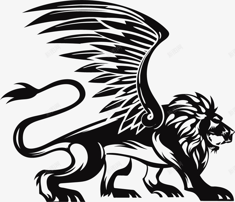 匍匐前行的黑白色狮子png免抠素材_新图网 https://ixintu.com 会飞的狮子 匍匐前进 狮子 矢量狮子 翅膀 长翅膀的狮子 黑白色