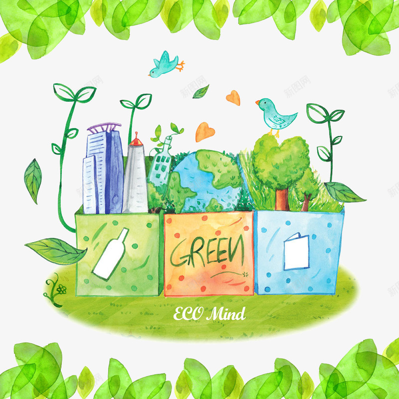 手绘绿色城市png免抠素材_新图网 https://ixintu.com 卡通 地球 城市 手绘 绿色