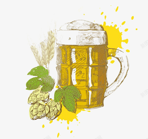 啤酒手绘png免抠素材_新图网 https://ixintu.com 啤酒 手绘 麦子