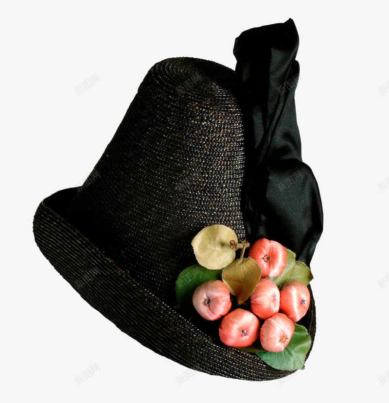 女士黑编织帽上的水果实物图png免抠素材_新图网 https://ixintu.com 女士帽子 帽子 时尚 苹果 黑色帽子